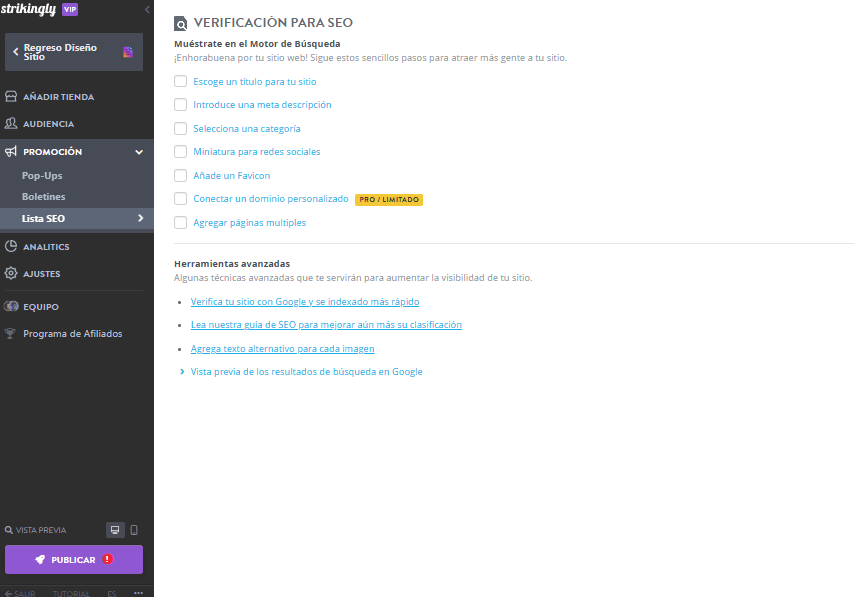 Lista de Verificación SEO de Strikingly Lista de Verificación SEO de Strikingly