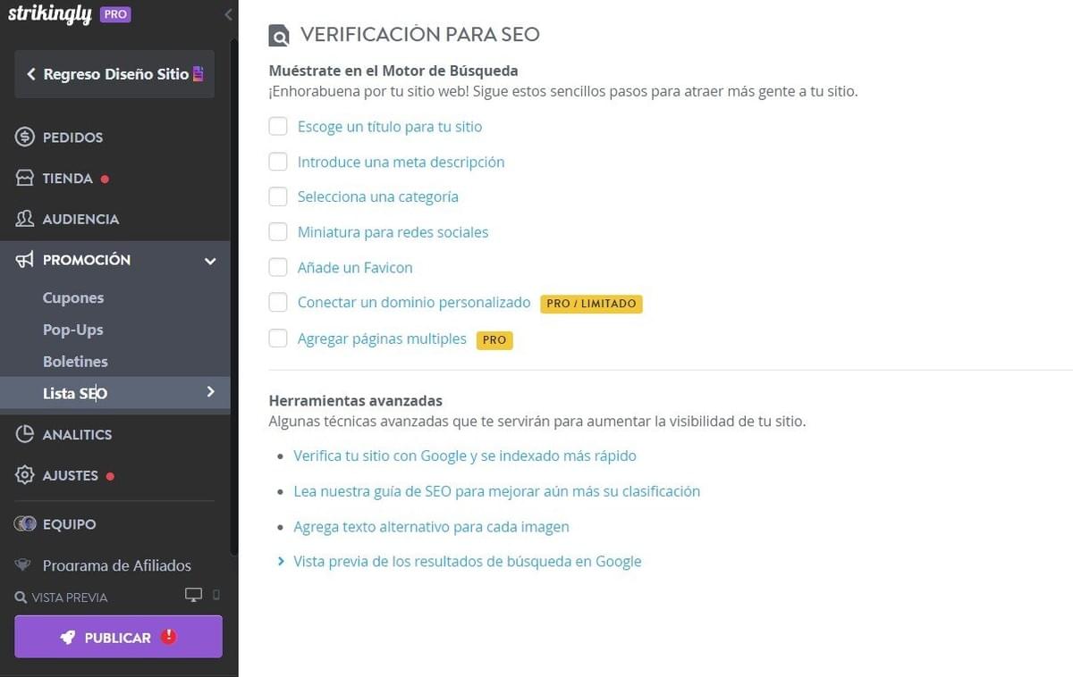 Verificacion SEO de Strikingly Verificacion SEO de Strikingly