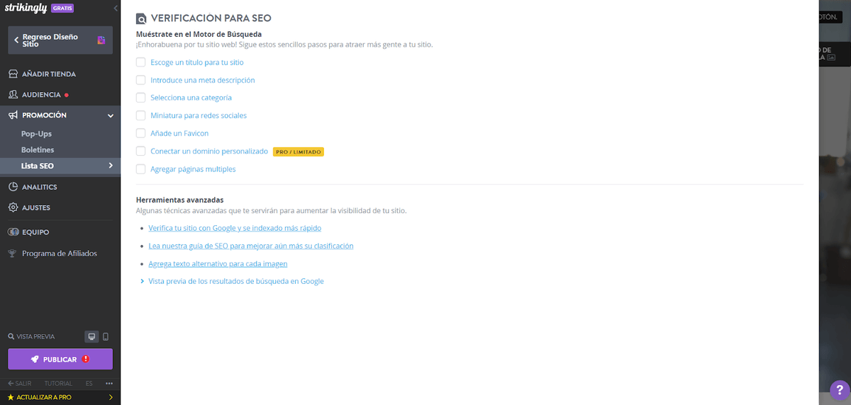 Las herramientas de SEO integradas en Strikingly también aseguran que tu sitio web esté optimizado para los motores de búsqueda, ayudándote a alcanzar una audiencia más amplia. Las herramientas de SEO integradas en Strikingly también aseguran que tu sitio web esté optimizado para los motores de búsqueda, ayudándote a alcanzar una audiencia más amplia.