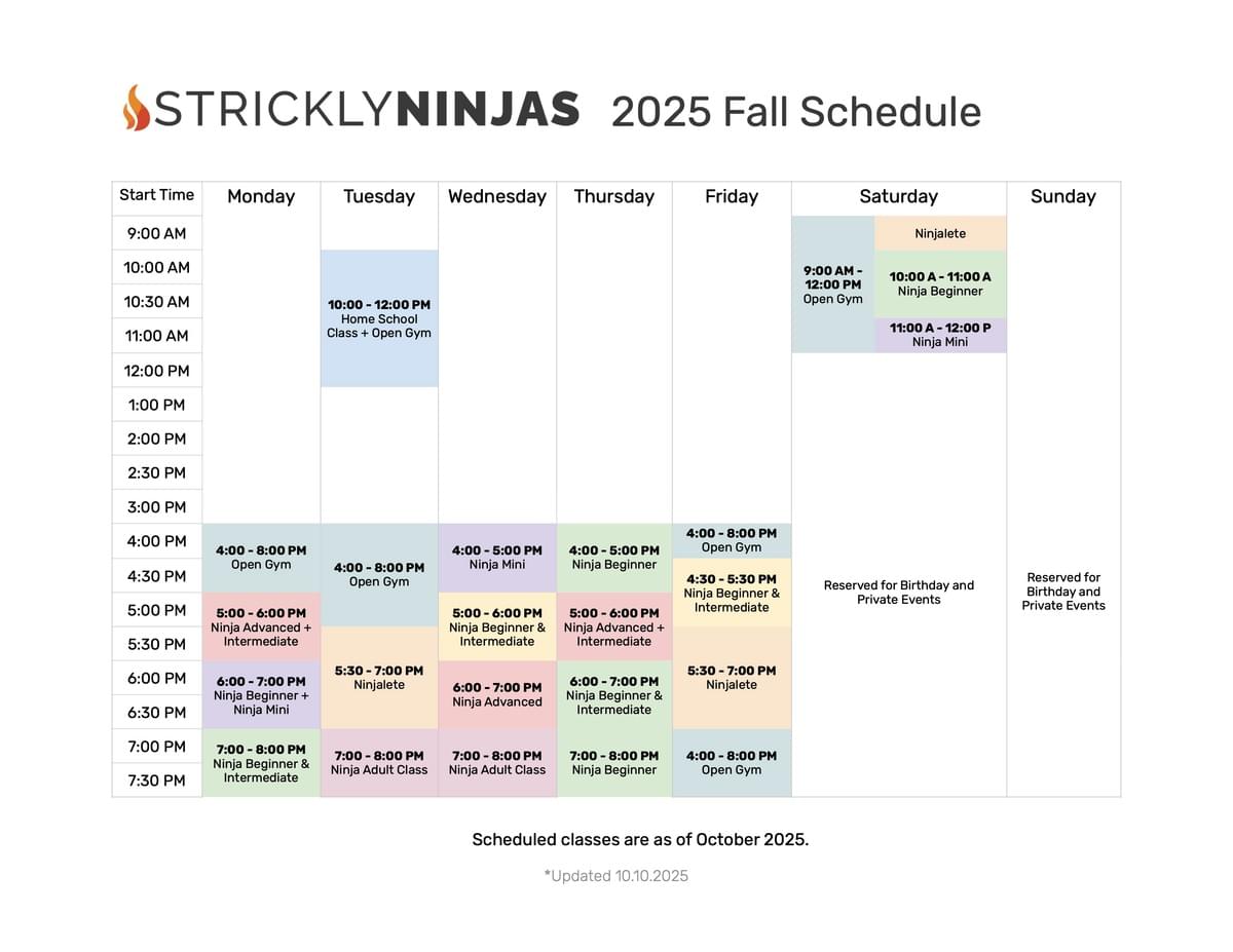 StricklyNinjas 2025 Fall Class Calendar with daily schedule StricklyNinjas 2025 Fall Class Calendar with daily schedule