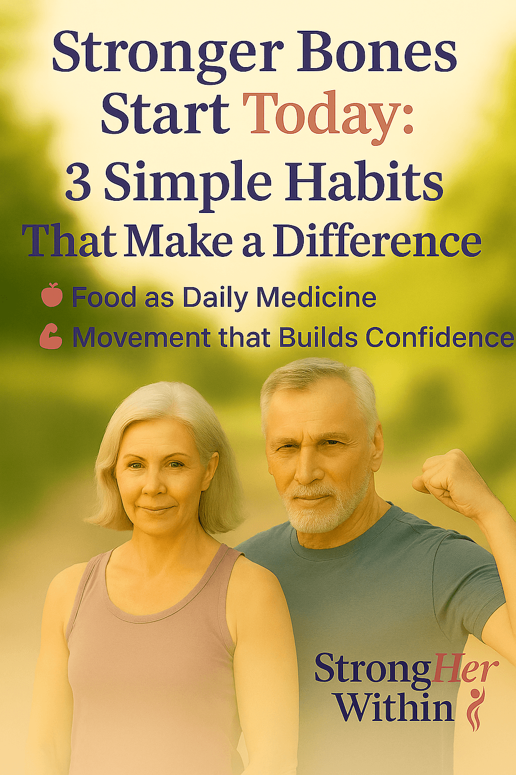 Middle-aged man and woman standing confidently outdoors with warm sunlight in the background. Text overlay reads: ‘Stronger Bones Start Today: 3 Simple Habits That Make a Difference.’ Icons highlight food and movement tips. StrongHer Within logo is placed at the bottom Middle-aged man and woman standing confidently outdoors with warm sunlight in the background. Text overlay reads: ‘Stronger Bones Start Today: 3 Simple Habits That Make a Difference.’ Icons highlight food and movement tips. StrongHer Within logo is placed at the bottom