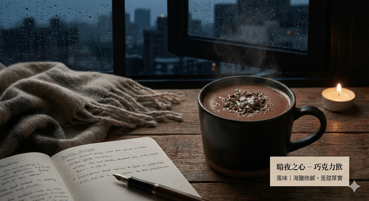 鏡咖啡 暗夜之心 - 海鹽苦甜巧克力飲,口感厚實的熱可可。 鏡咖啡 暗夜之心 - 海鹽苦甜巧克力飲,口感厚實的熱可可。