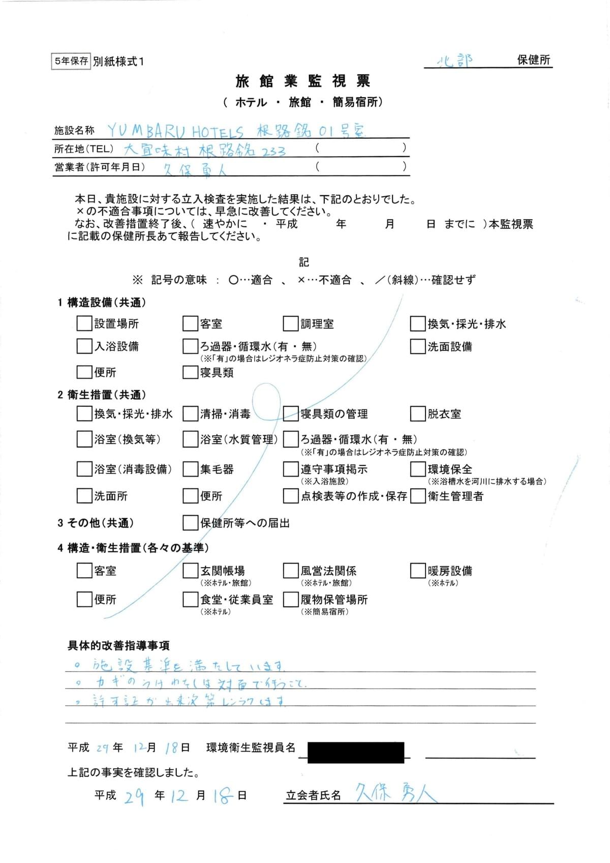 旅館業監視票 旅館業監視票