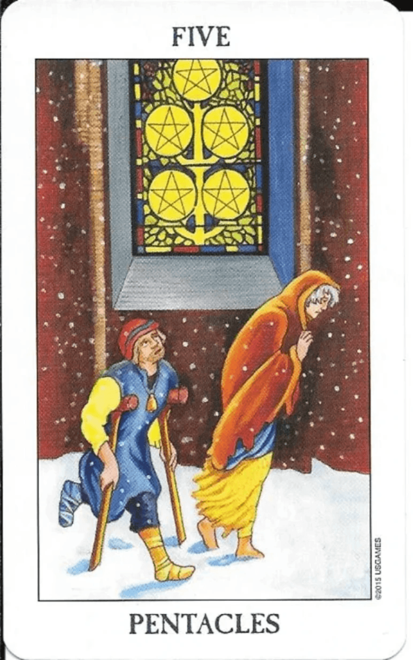 Rider-Waite-Tarot- 5 of Pentacles Rider-Waite-Tarot- 5 of Pentacles