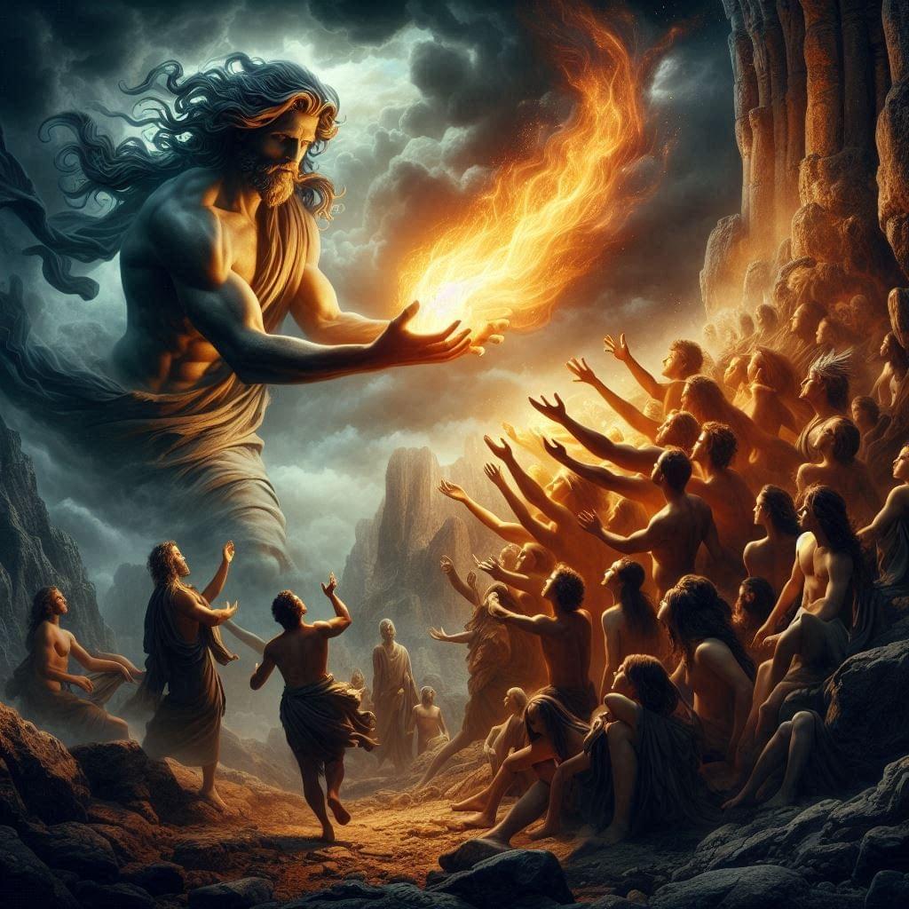 Prometheus giving the magick of fire to mankind Prometheus giving the magick of fire to mankind