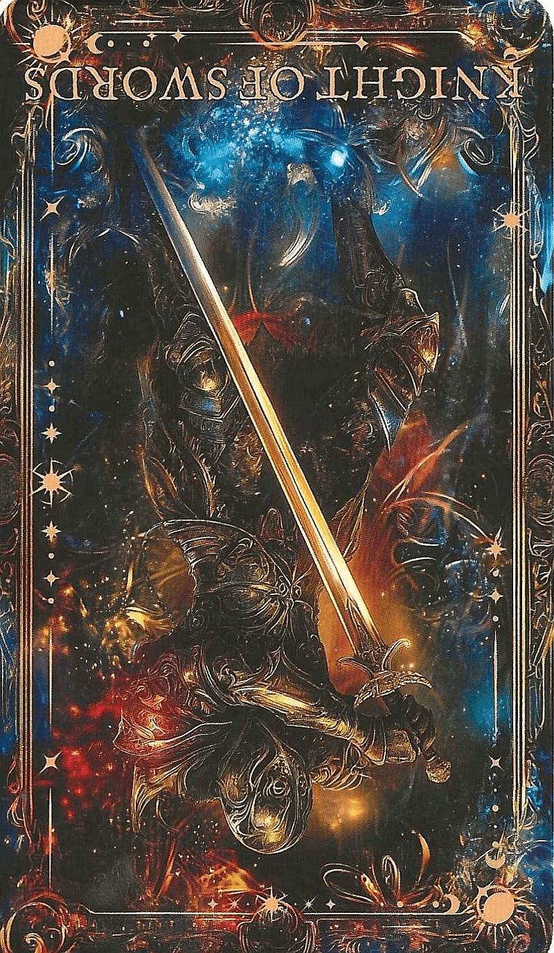 Knight of Swords-The Arcane Tarot reversed image. Knight of Swords-The Arcane Tarot reversed image.