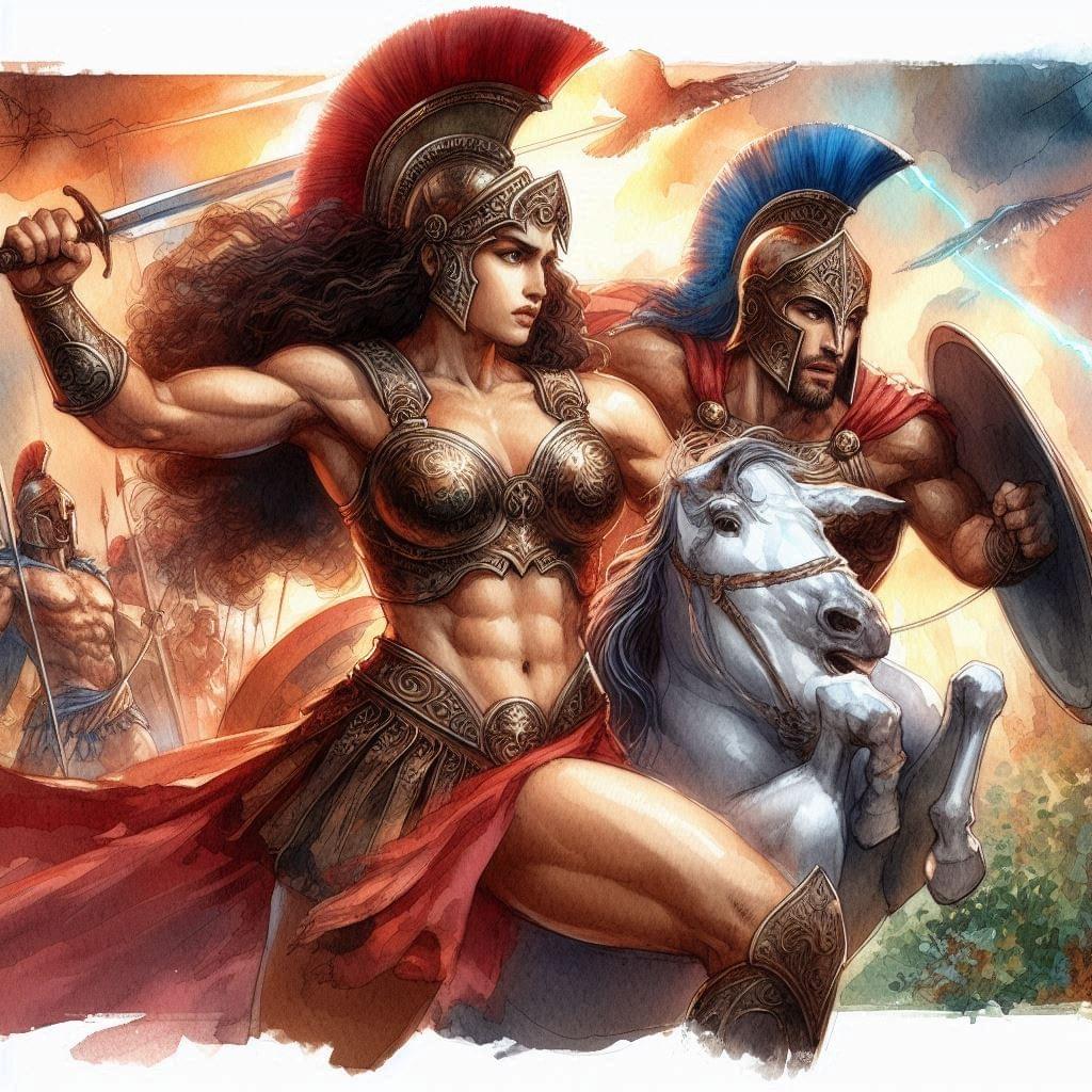 Amazon warrior fighting Achilles. Amazon warrior fighting Achilles.