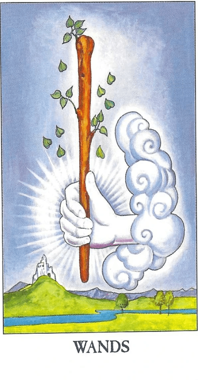 Rider-Waite-Smith-Ace of Wands, tarot card imagery Rider-Waite-Smith-Ace of Wands, tarot card imagery