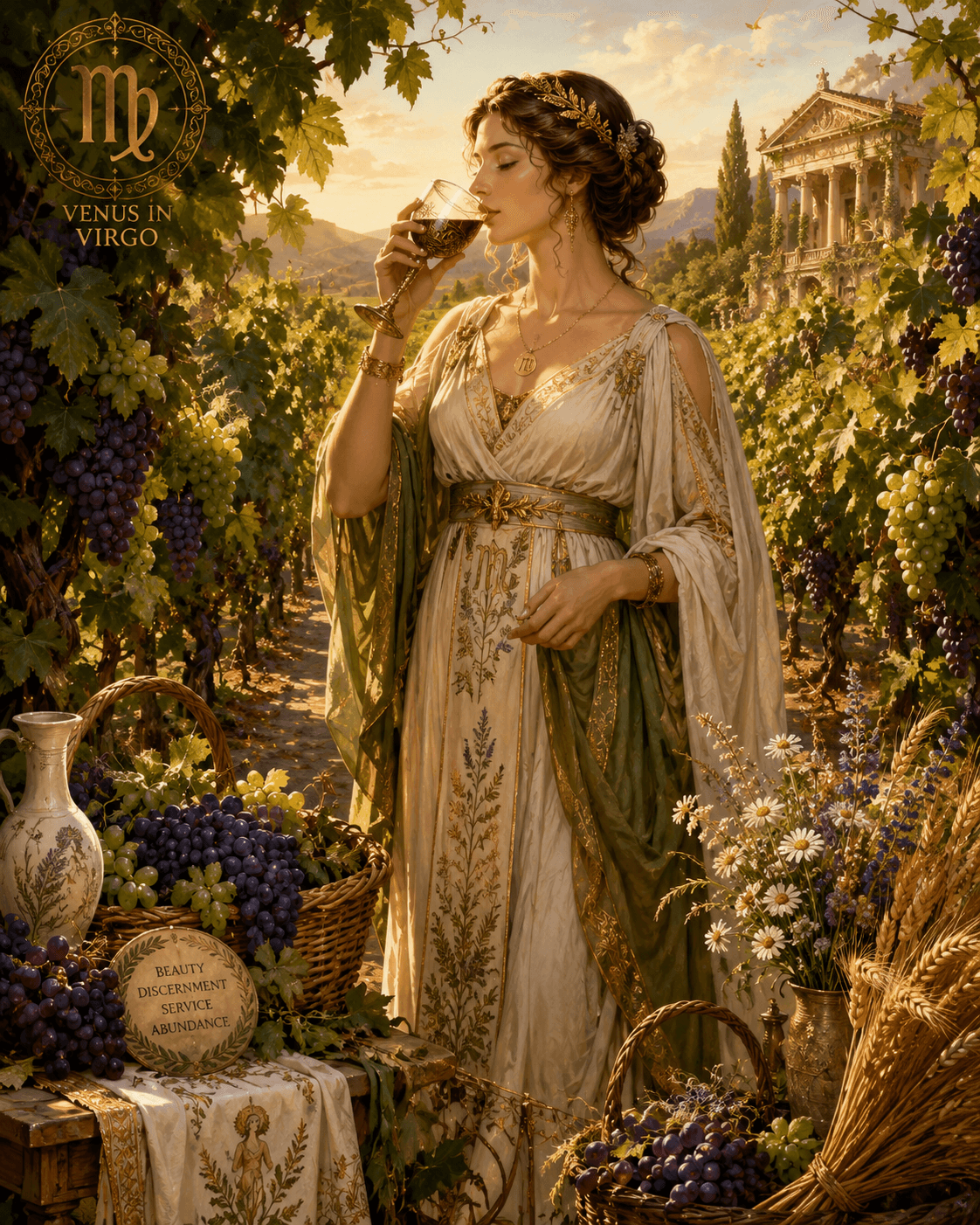 Venus in Virgo drinking wine in her vineyard. Venus in Virgo drinking wine in her vineyard.