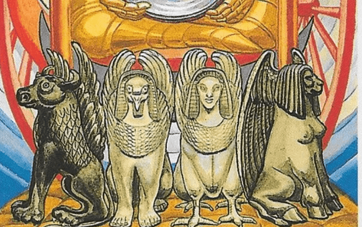 The Lion, Bull, Eagle, Human sphinx imagery from the Thoth Chariot Card The Lion, Bull, Eagle, Human sphinx imagery from the Thoth Chariot Card
