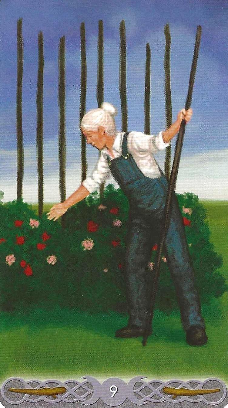 Triple Goddess Tarot-Nine of Wands - image of care and defense. Triple Goddess Tarot-Nine of Wands - image of care and defense.