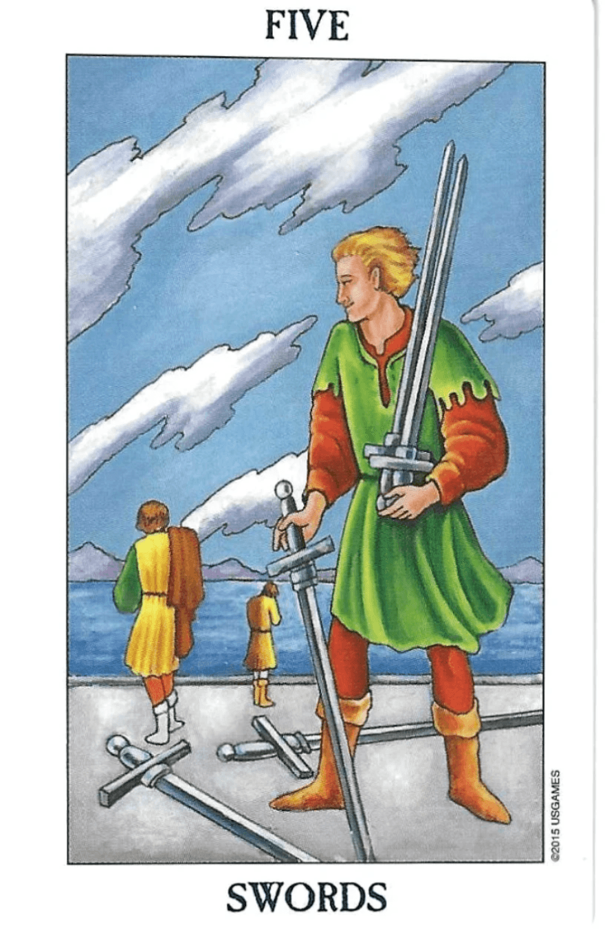 5 of Swords-Rider-Waite-Smith Tarot 5 of Swords-Rider-Waite-Smith Tarot
