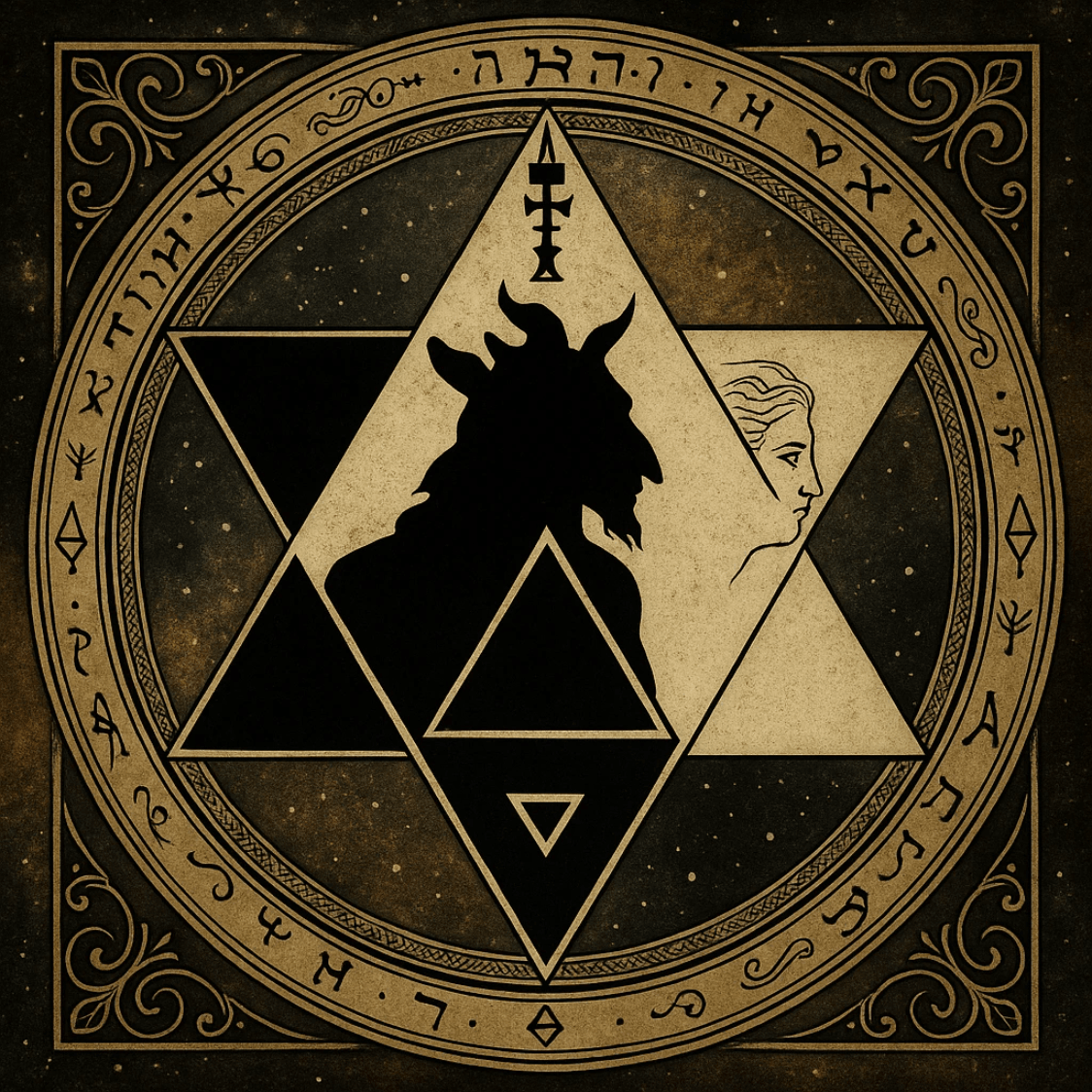 The Devil as two interlocking triangles one black-one white The Devil as two interlocking triangles one black-one white