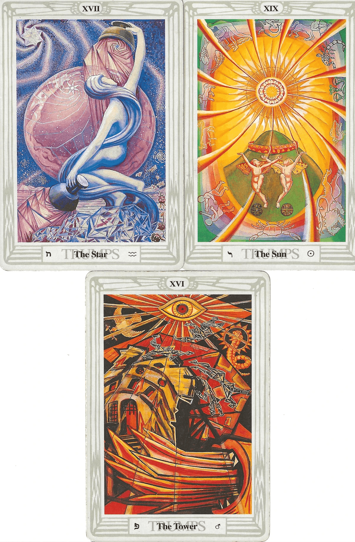 The Star, The Sun, The Tower -Thoth Tarot imagery The Star, The Sun, The Tower -Thoth Tarot imagery