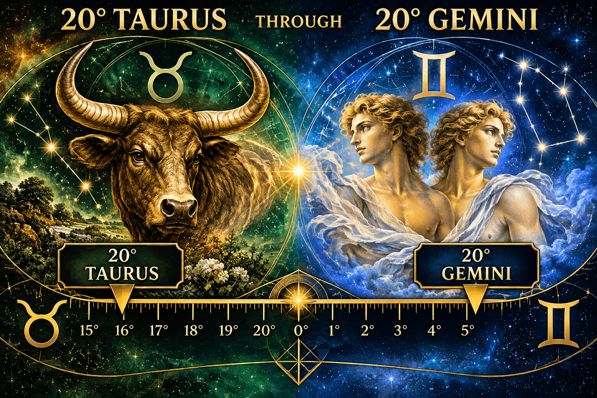 20° Taurus through 20° Gemini. 20° Taurus through 20° Gemini.