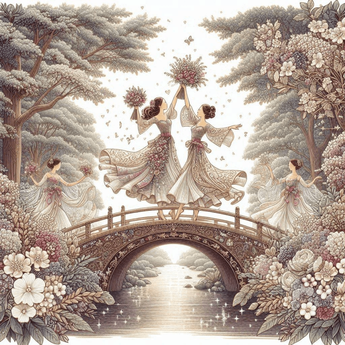 2 Woman dancing on bridge over stream with nosegays symbolism 2 Woman dancing on bridge over stream with nosegays symbolism
