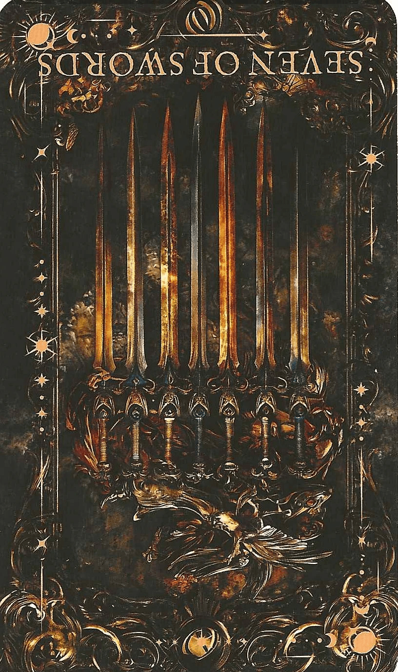 Seven of Swords-The Arcane Tarot Card reversed Seven of Swords-The Arcane Tarot Card reversed