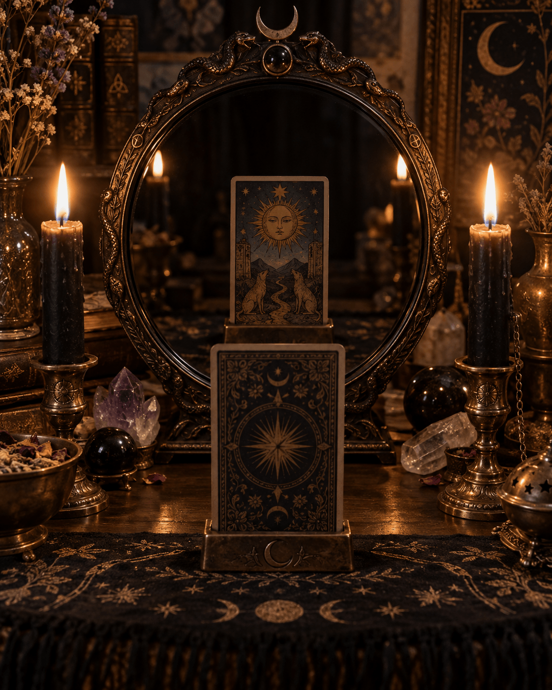 Black scrying mirror and tarot card Black scrying mirror and tarot card