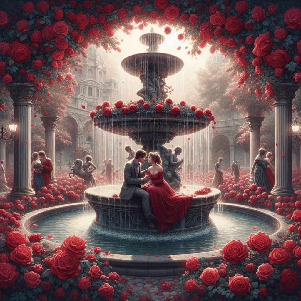 Lovers in rose garden and fountain bliss. Lovers in rose garden and fountain bliss.