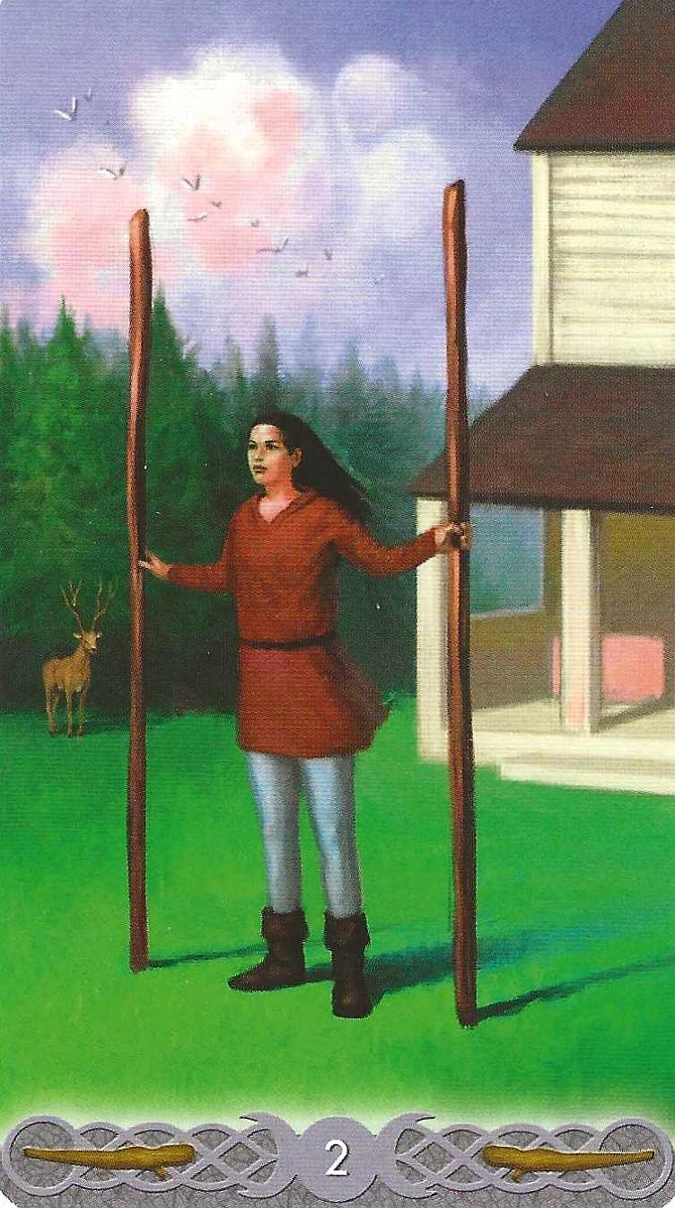 The Triple Goddess Tarot- 2 of Wands-Woman in dominion imagery The Triple Goddess Tarot- 2 of Wands-Woman in dominion imagery