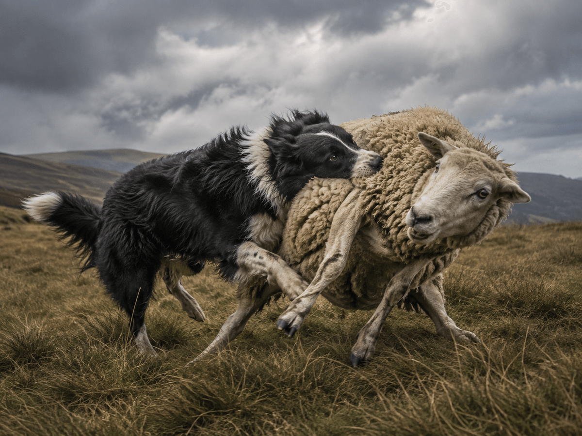 A sheep dog worrying a sheep A sheep dog worrying a sheep