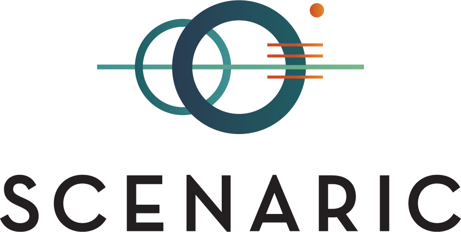 the Scenaric logo includes 2 green circles, the right one larger than the left, sitting astride the middle of a green line. on the right side of the green line, there are 3 small horizontal orange lines and one orange doc. All sit above the word "scenaric" and symbolizes strategic foresight consulting the Scenaric logo includes 2 green circles, the right one larger than the left, sitting astride the middle of a green line. on the right side of the green line, there are 3 small horizontal orange lines and one orange doc. All sit above the word "scenaric" and symbolizes strategic foresight consulting