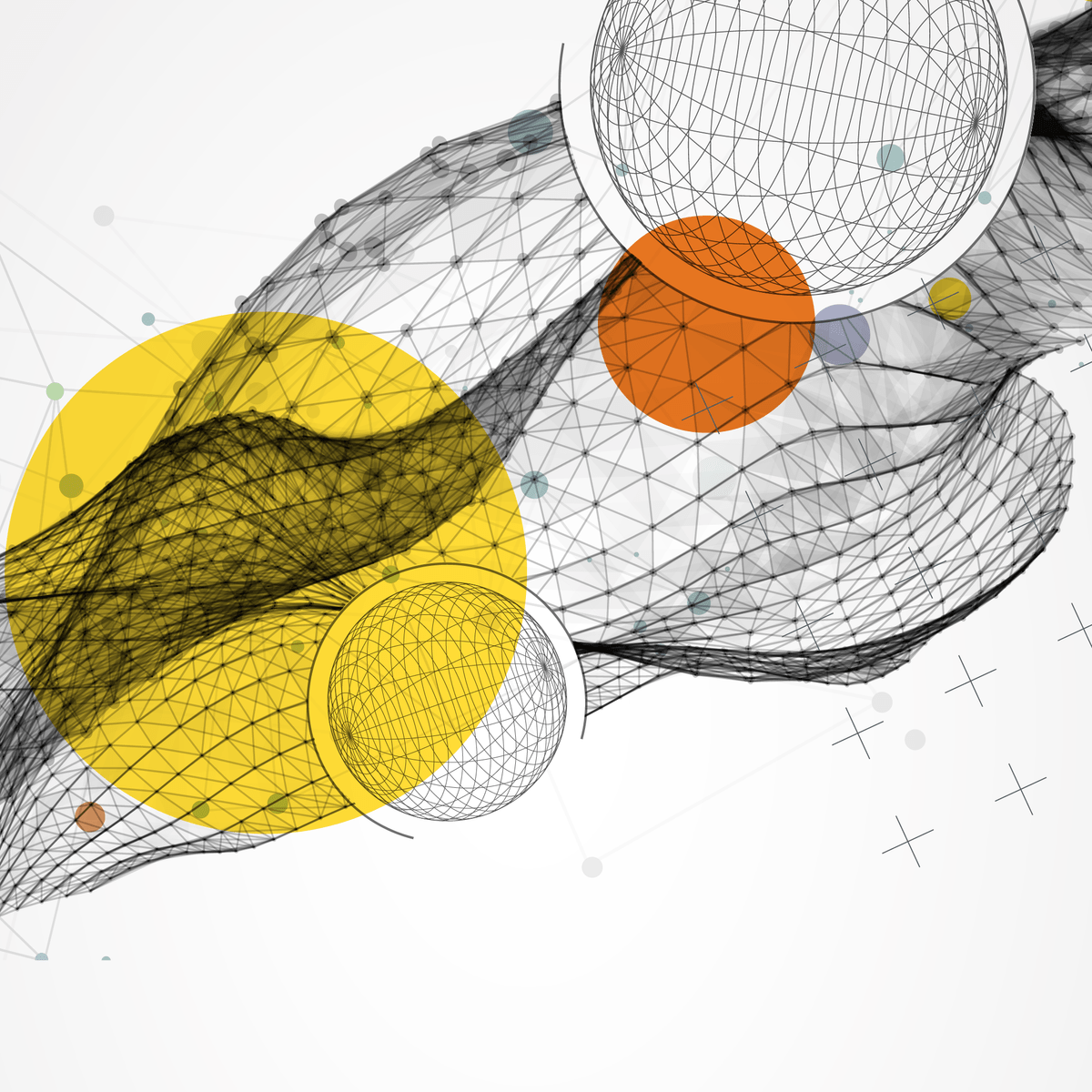 Symbolizing scenario planning image shows a black line net-like structure with nodes, like a network, folds and moves from the bottom left to the top right. in front, black line spherical shapes sit. behind, are a variety of sized and colored circles, including a large yellow one in the lower left, an orange circle in the upper right, and blue, purple, orange, and yellow circles throughout. light lines, connecting light circles, as well as lightly colored plus signs, appear in the background. Symbolizing scenario planning image shows a black line net-like structure with nodes, like a network, folds and moves from the bottom left to the top right. in front, black line spherical shapes sit. behind, are a variety of sized and colored circles, including a large yellow one in the lower left, an orange circle in the upper right, and blue, purple, orange, and yellow circles throughout. light lines, connecting light circles, as well as lightly colored plus signs, appear in the background.