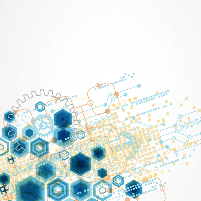 Symbolizing governing emerging technologies images shows gears, hexagons, triangles, and squares in blues, yellows, and oranges, emerge from the lower left corner. they become less chaotic as they move towards the right of the frame Symbolizing governing emerging technologies images shows gears, hexagons, triangles, and squares in blues, yellows, and oranges, emerge from the lower left corner. they become less chaotic as they move towards the right of the frame
