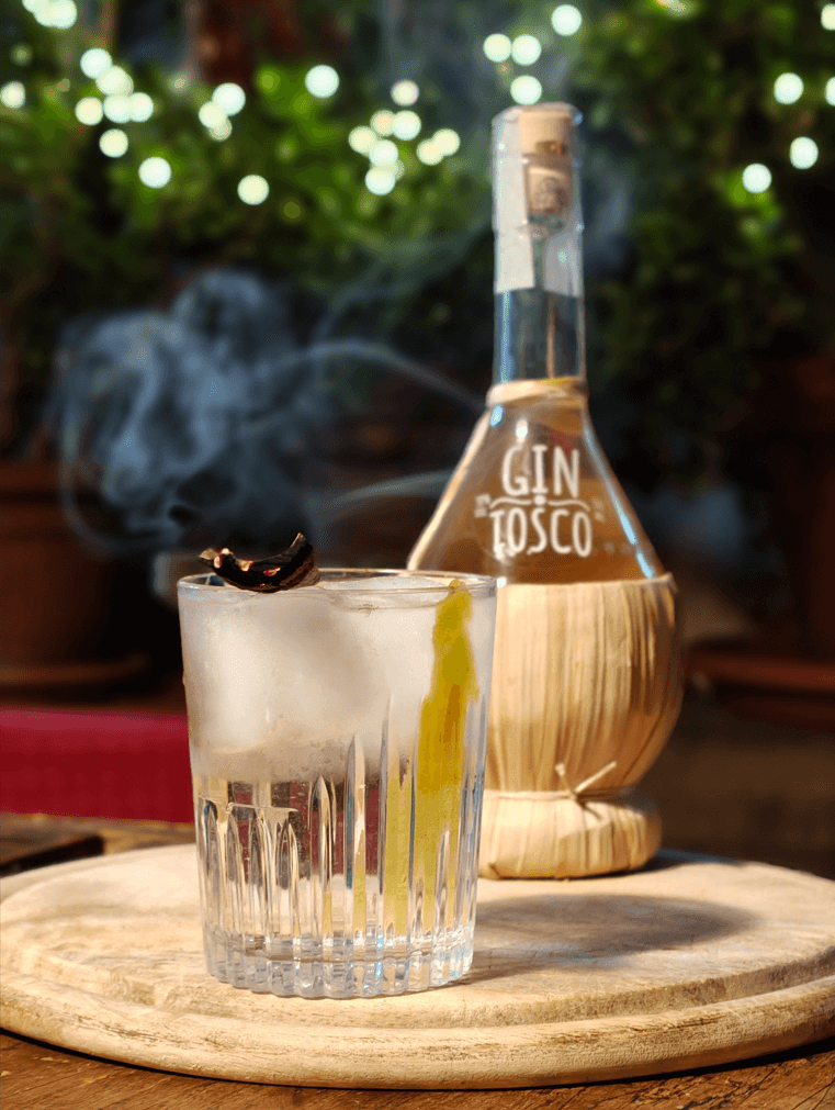 Gin Tosco Tonic MR Liquor con bastoncino di cannella affumicata, cocktail invernale per aperitivo natalizio Gin Tosco Tonic MR Liquor con bastoncino di cannella affumicata, cocktail invernale per aperitivo natalizio