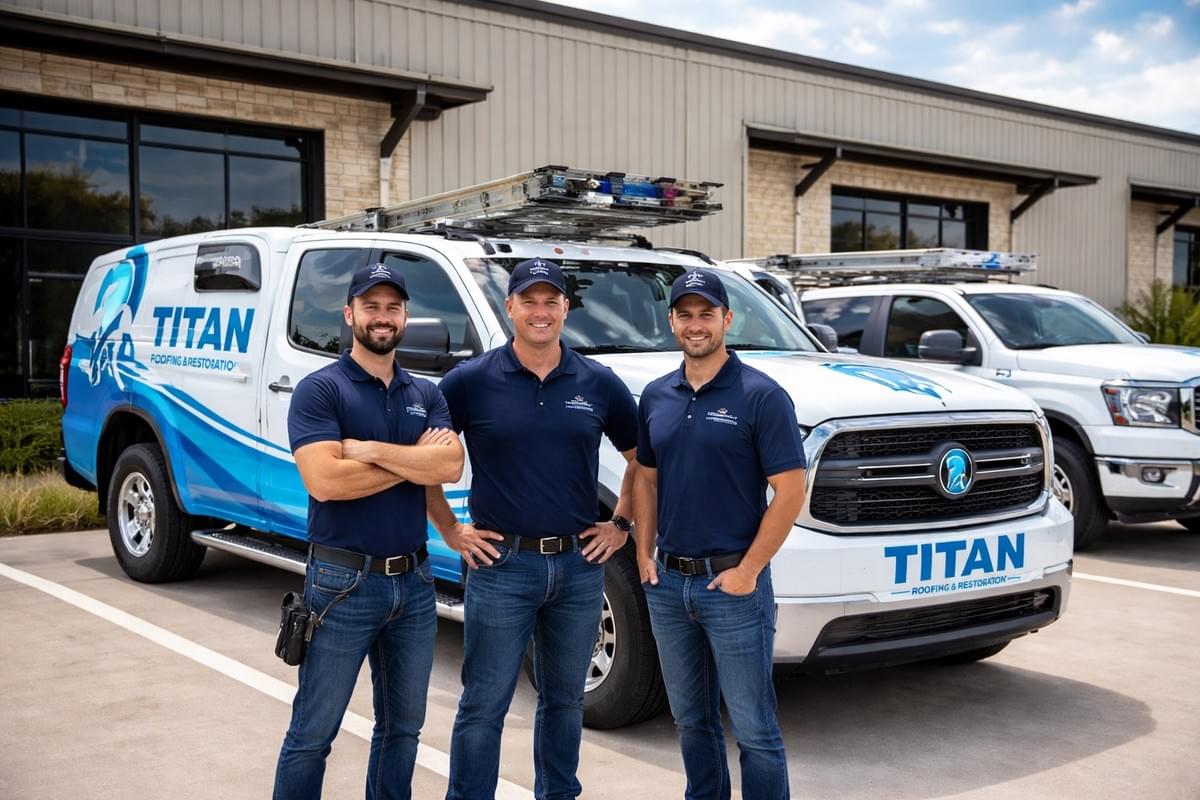 Titan Roofing & Restoration team standing in front of branded service trucks outside company building in Austin, Texas Titan Roofing & Restoration team standing in front of branded service trucks outside company building in Austin, Texas