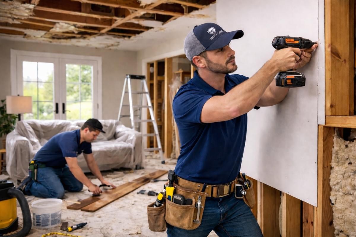 Contractors renovating interior living space after water damage with drywall and ceiling repairs in Austin, Texas Contractors renovating interior living space after water damage with drywall and ceiling repairs in Austin, Texas
