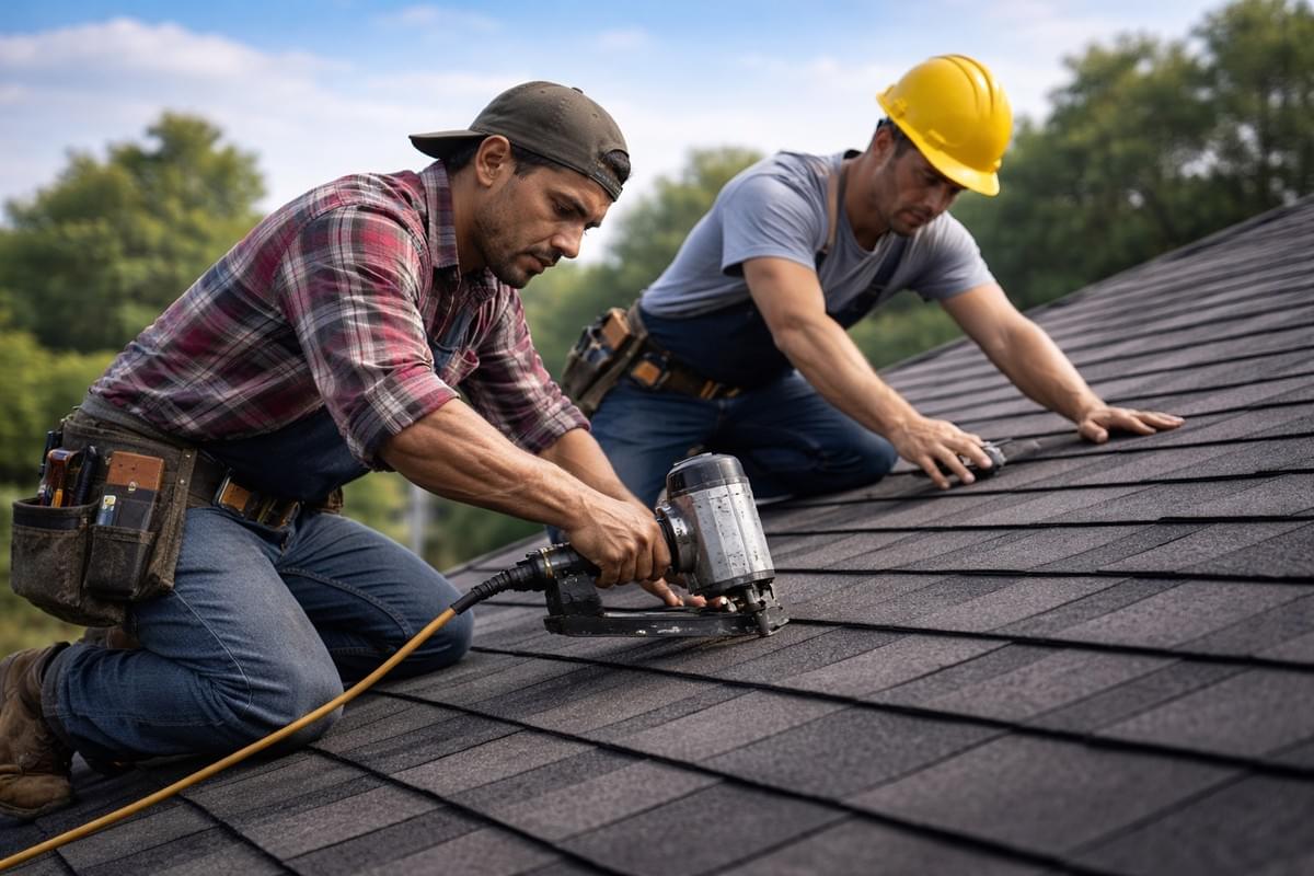 Two roofing contractors installing new asphalt shingles during a full roof replacement in Austin, Texas Two roofing contractors installing new asphalt shingles during a full roof replacement in Austin, Texas