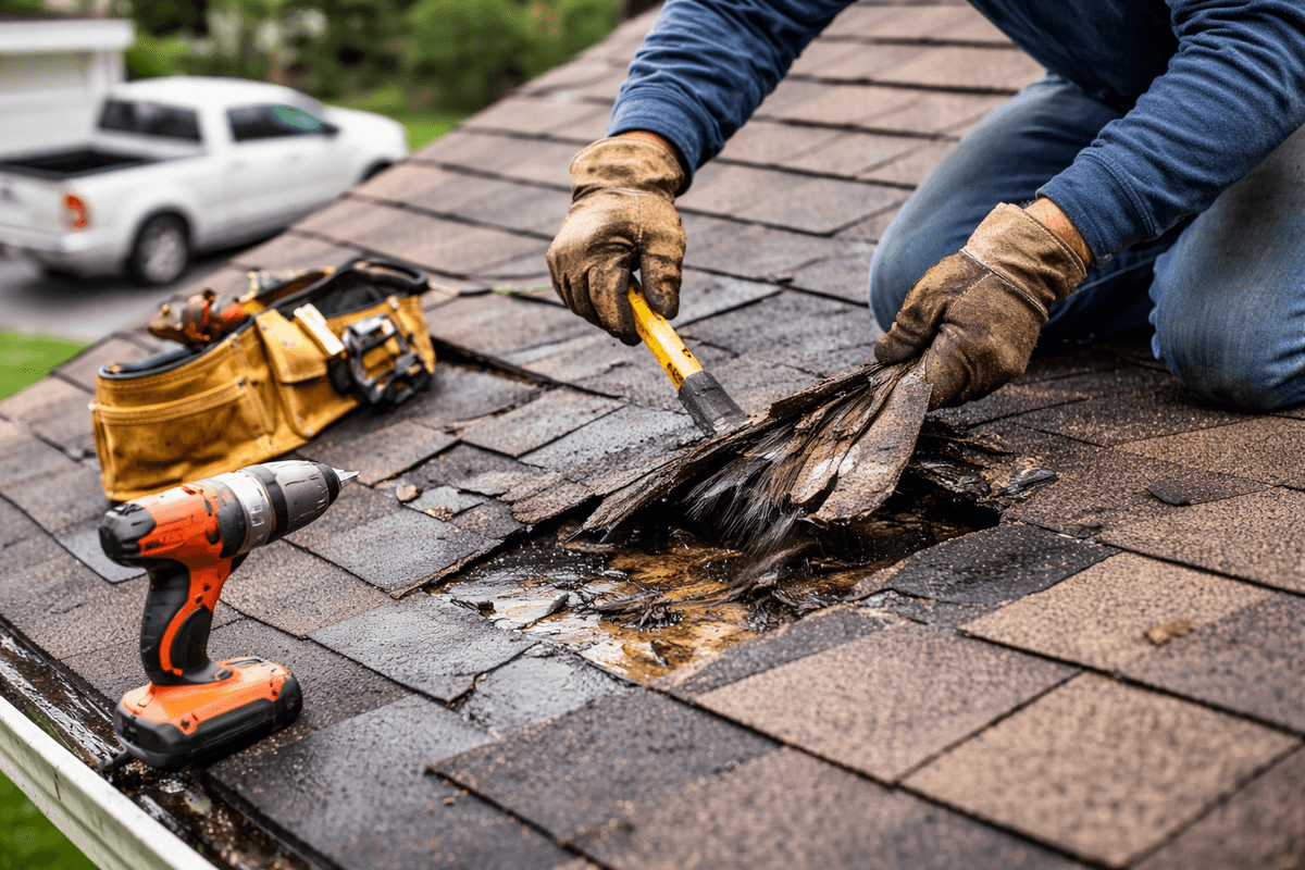 Roofing technician repairing damaged shingles and sealing a leak on a residential roof in Austin, Texas Roofing technician repairing damaged shingles and sealing a leak on a residential roof in Austin, Texas