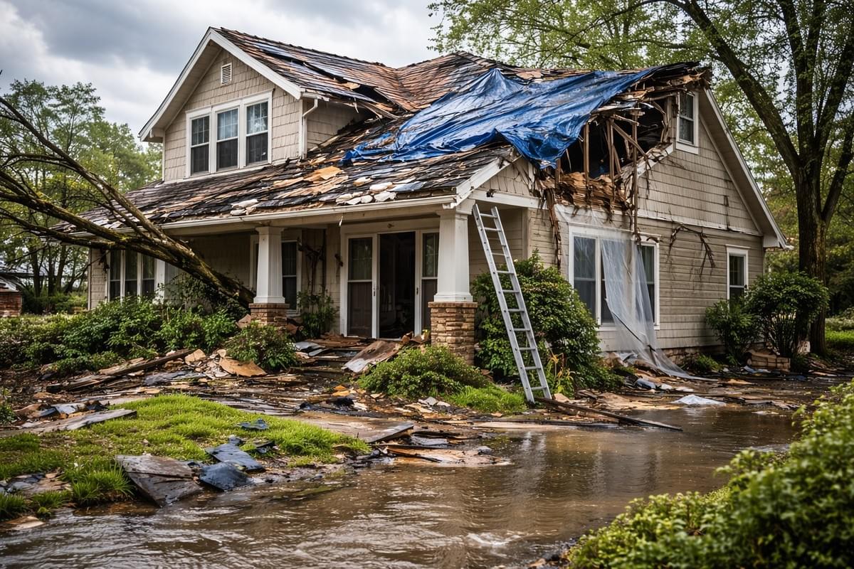 Storm-damaged home with tarp covered roof undergoing restoration after hail damage in Austin, Texas Storm-damaged home with tarp covered roof undergoing restoration after hail damage in Austin, Texas