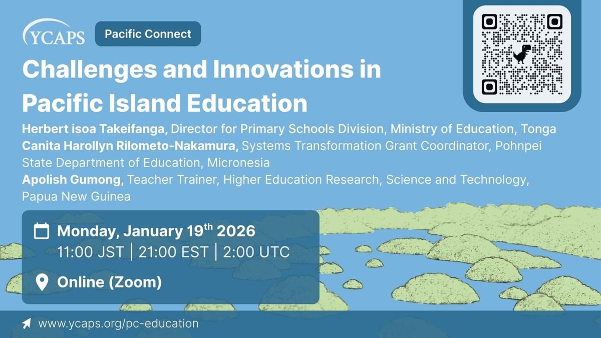 Text over a background of a cluster of small islands under a clear sky. Text is information for the January 19 Pacific Connect webinar, which is described in the text box to the right of this image. Text over a background of a cluster of small islands under a clear sky. Text is information for the January 19 Pacific Connect webinar, which is described in the text box to the right of this image.