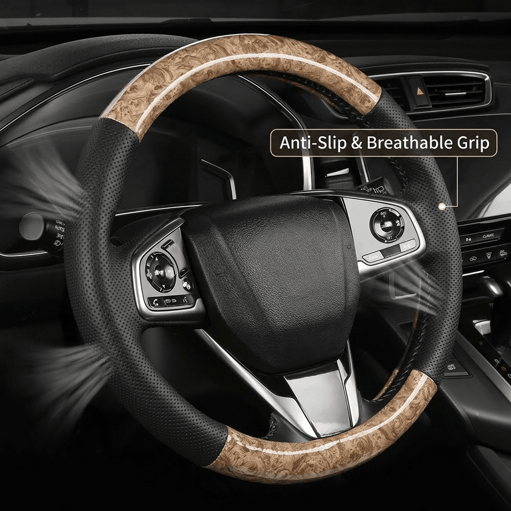 Universal Wood Grain & Carbon Fiber Leather Steering Wheel Cover — 7 Colors