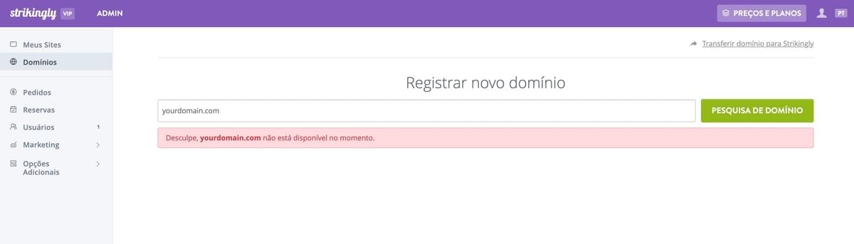 Página de Registro de Domínio do Strikingly Página de Registro de Domínio do Strikingly