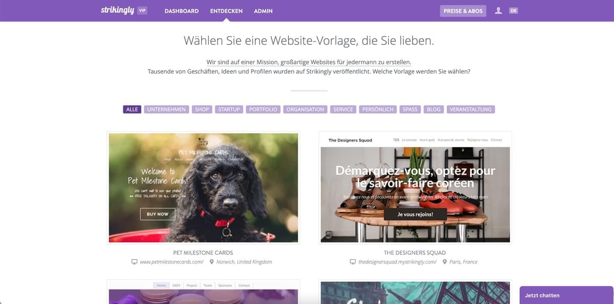 Bild von der Strikingly Discover Page Bild von der Strikingly Discover Page