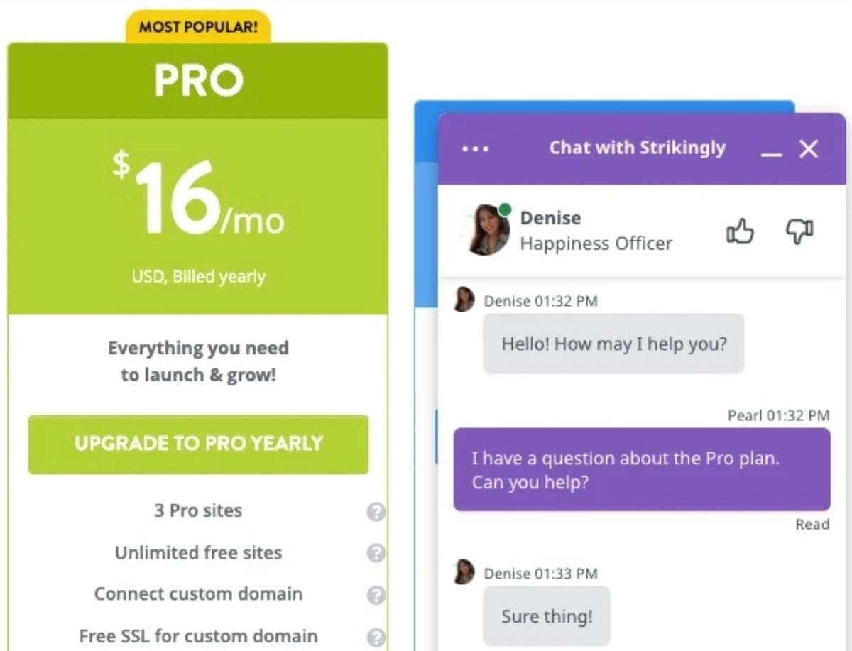 Chat ao vivo impressionante na página de preços Chat ao vivo impressionante na página de preços
