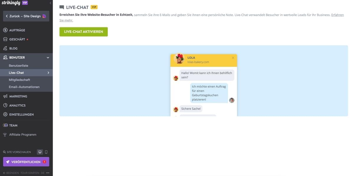 Strikingly LiveChat-Funktion Strikingly LiveChat-Funktion