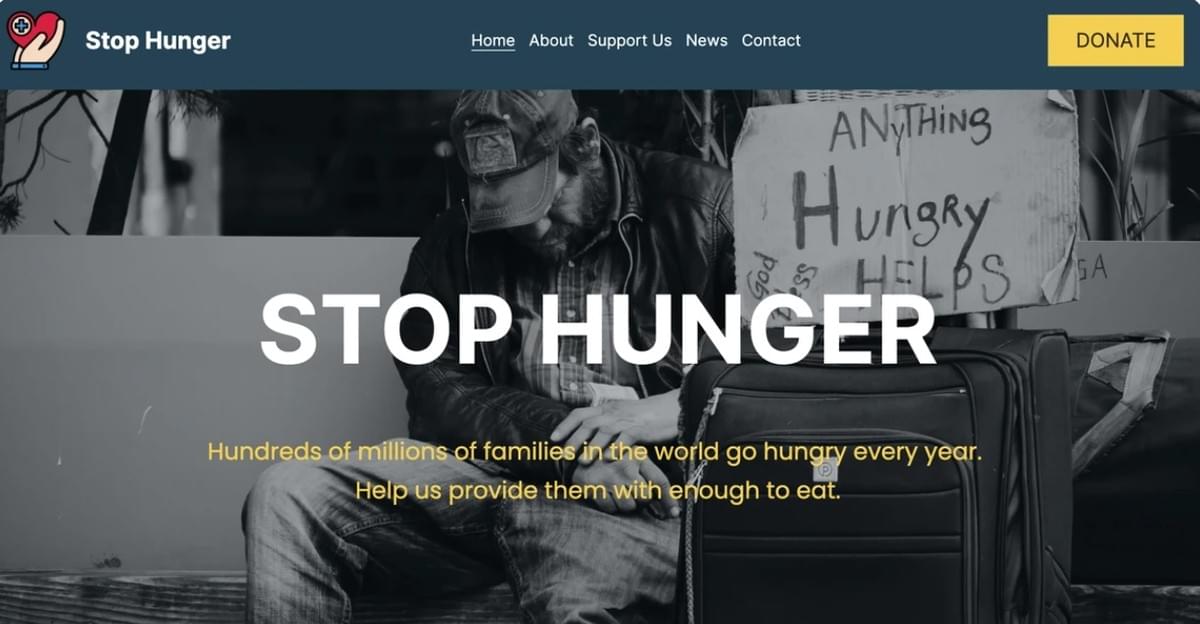 Modelo de website para organização sem fins lucrativos Stop Hunger da Strikingly Modelo de website para organização sem fins lucrativos Stop Hunger da Strikingly