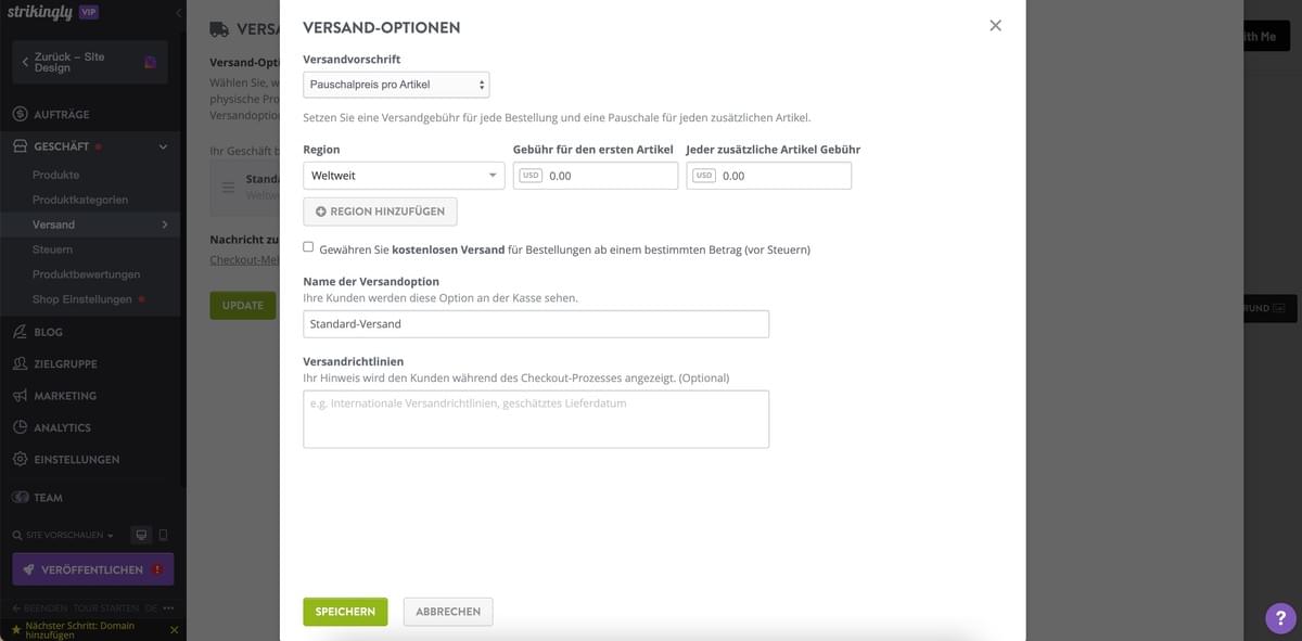 Strikingly-Versandrichtlinienfunktion Strikingly-Versandrichtlinienfunktion