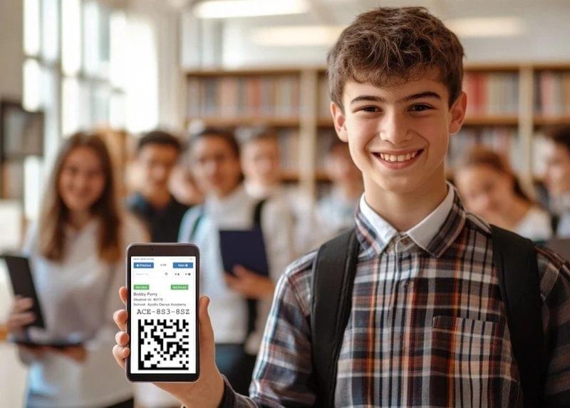 Student showing Snapizzi QR code on a smartphone in a school photo environment, demonstrating high-volume photography automation Student showing Snapizzi QR code on a smartphone in a school photo environment, demonstrating high-volume photography automation