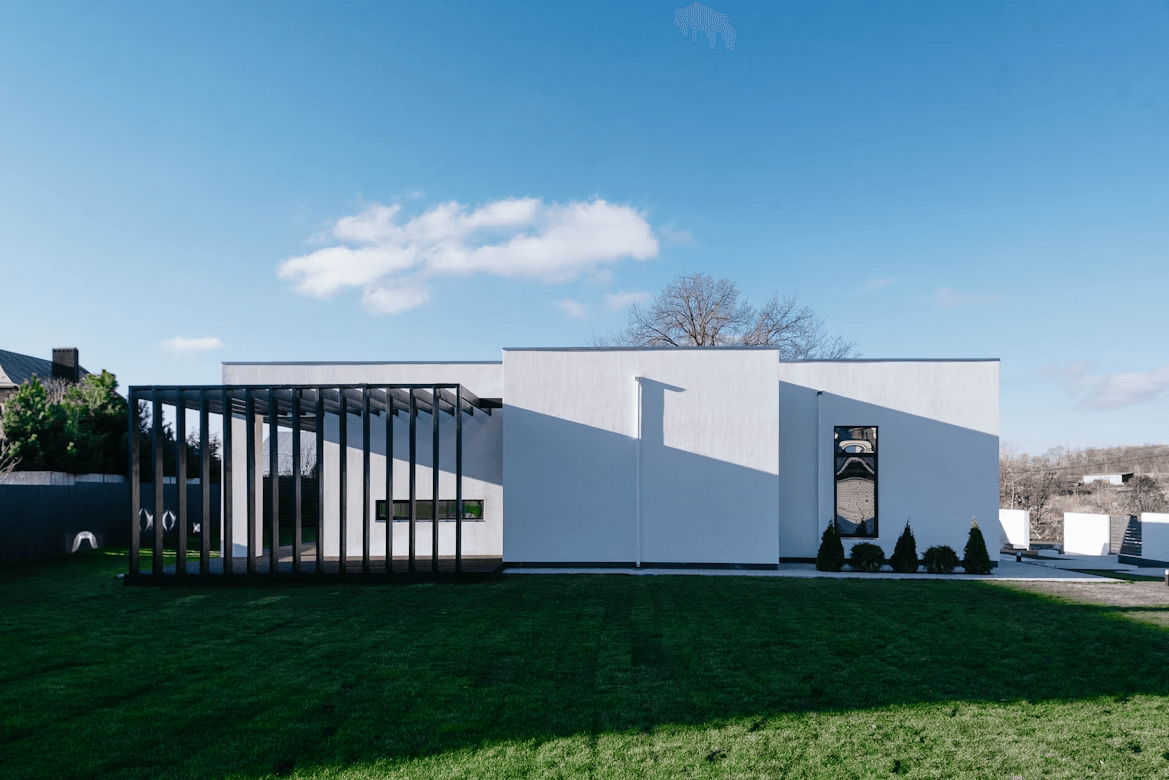 Modern and sustainable shipping home with solar panels Modern and sustainable shipping home with solar panels