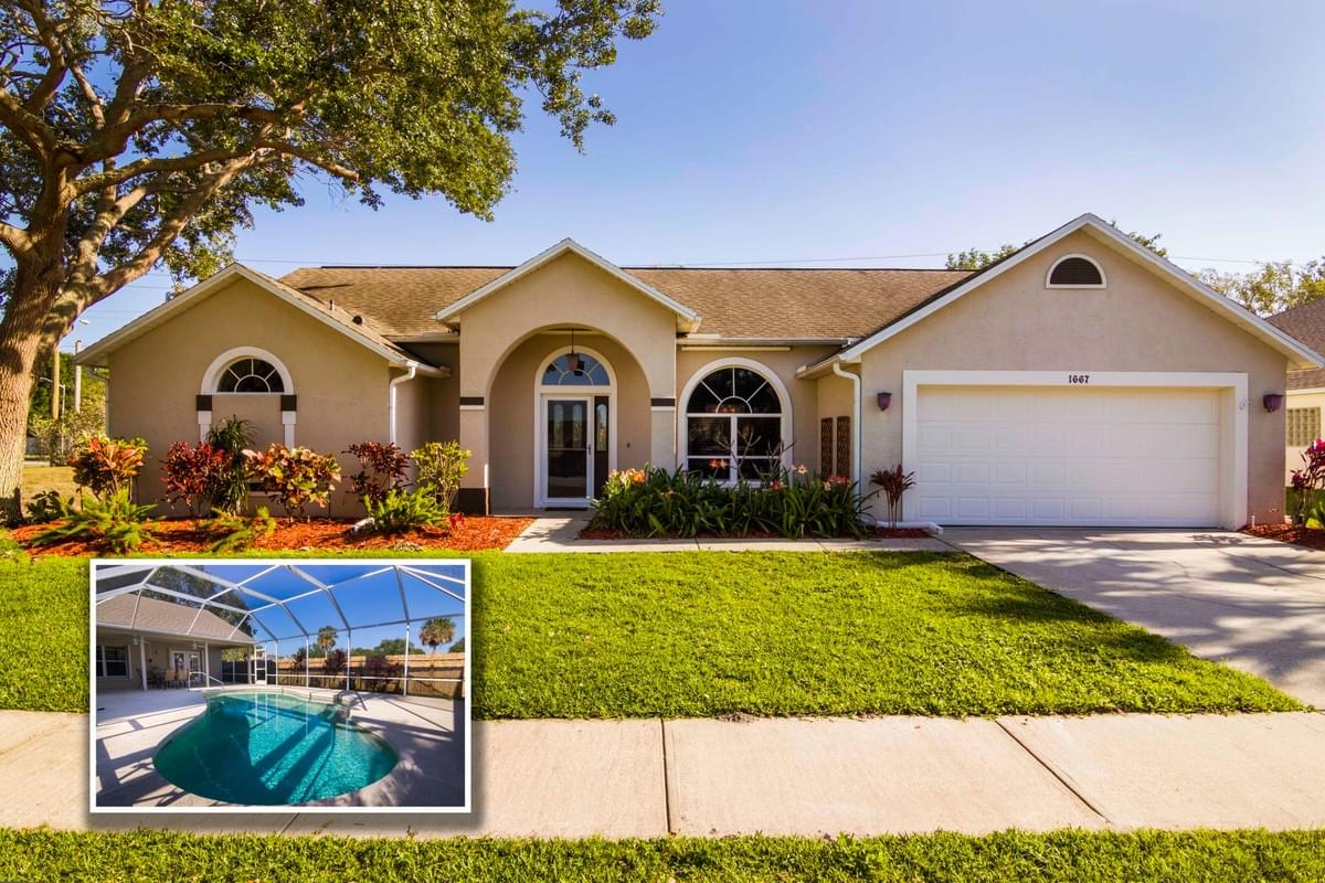 tan single story home with an inset photo of the pool tan single story home with an inset photo of the pool