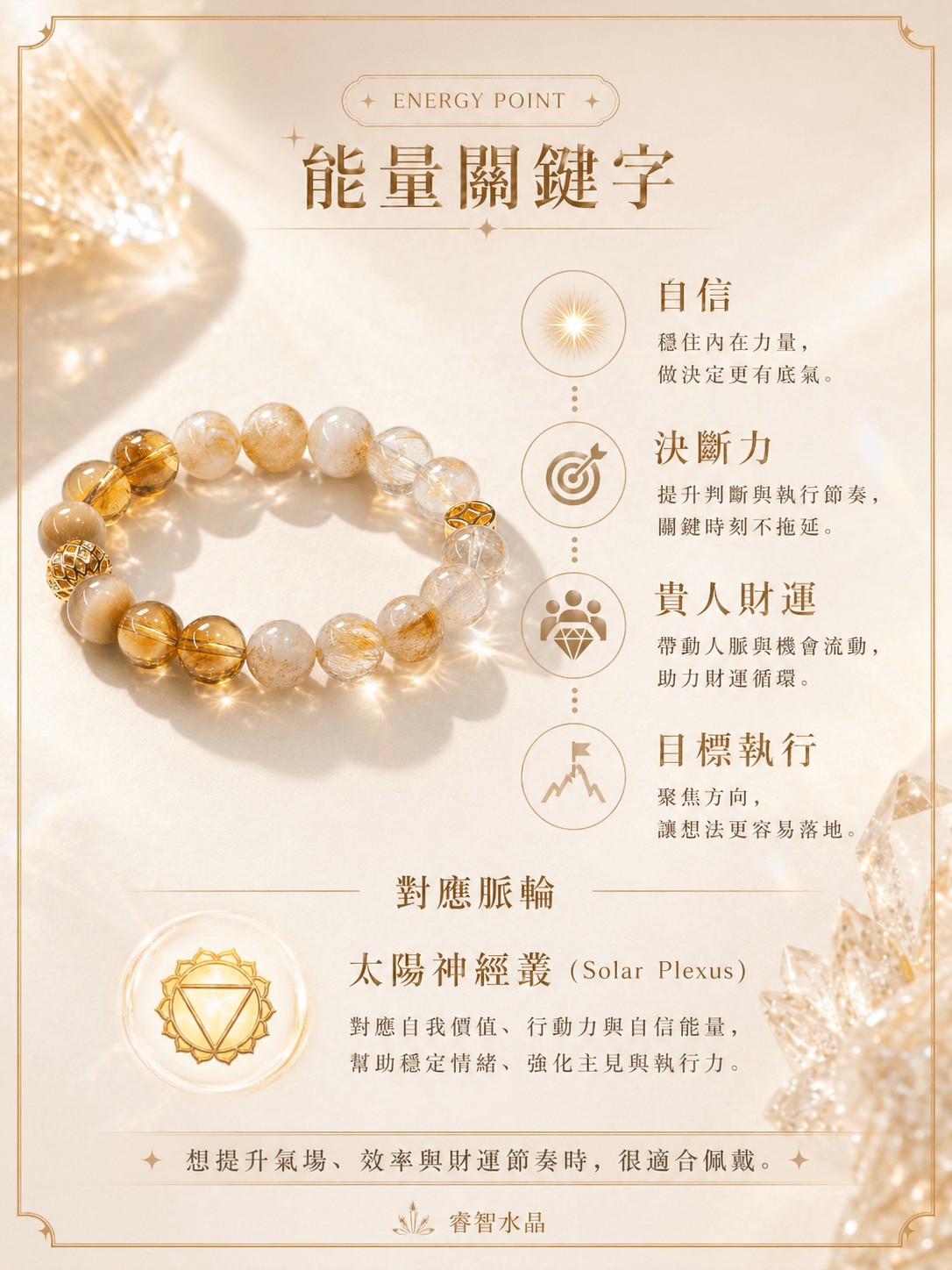 【太陽神經叢】日耀自信 · 招財循環|黃塔晶、金虎眼、蜂蜜奶蓋黃水晶、黃膠花水晶|自信 | 決斷力 | 貴人財運 | 目標執行|睿智水晶設計款水晶手串