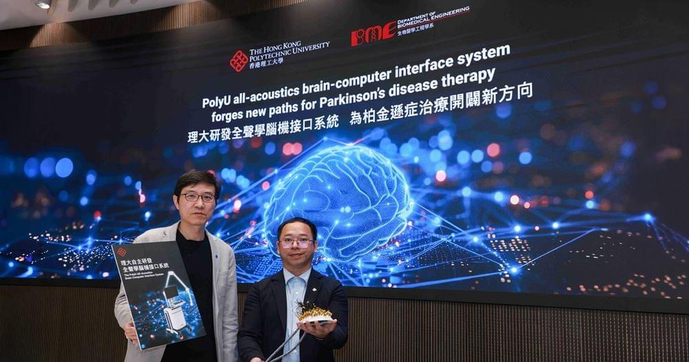 Prof. Sun Lei, Director of the Research Centre for Non-invasive Brain Computer Interface and Professor of the Department of Biomedical Engineering at PolyU (left), and Prof. Qiu Zhihai, a PhD graduate of the same department (right), expound the research findings related to the “All‑Acoustics Brain‑Computer Interface (BCI) System”, presenting a promising new therapeutic approach for Parkinson’s disease. Prof. Sun Lei, Director of the Research Centre for Non-invasive Brain Computer Interface and Professor of the Department of Biomedical Engineering at PolyU (left), and Prof. Qiu Zhihai, a PhD graduate of the same department (right), expound the research findings related to the “All‑Acoustics Brain‑Computer Interface (BCI) System”, presenting a promising new therapeutic approach for Parkinson’s disease.