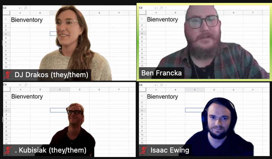 DJ Drakos, Ben Francka, . Kubisiak, and Isaac Ewing on Zoom call. All have a custom background that looks like a spreadsheet. DJ Drakos, Ben Francka, . Kubisiak, and Isaac Ewing on Zoom call. All have a custom background that looks like a spreadsheet.