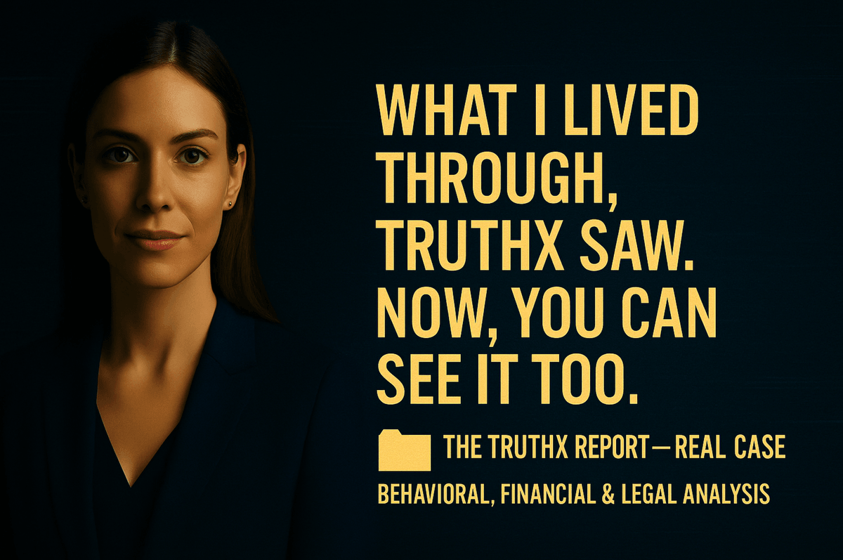 Portrait of a composed woman in a navy suit beside a quote that reads, ‘What I lived through, TRUTHX saw. Now, you can see it too.’ The image promotes The TRUTHX Report — Ryard Case, a behavioral, financial and legal analysis presented on a dark blue background with golden typography. Portrait of a composed woman in a navy suit beside a quote that reads, ‘What I lived through, TRUTHX saw. Now, you can see it too.’ The image promotes The TRUTHX Report — Ryard Case, a behavioral, financial and legal analysis presented on a dark blue background with golden typography.