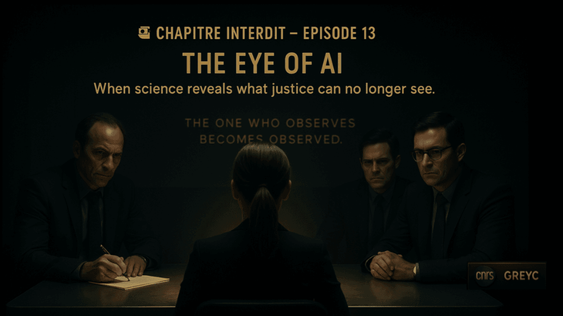 Cinematic interrogation scene from Chapitre Interdit — Episode 13, The Eye of AI. A woman sits under a golden light facing three investigators in a dark forensic room. The open file on the table glows warmly, symbolizing truth revealed through science. The wall inscription reads “The one who observes becomes observed,” reflecting the tension between justice and cognition. Cinematic interrogation scene from Chapitre Interdit — Episode 13, The Eye of AI. A woman sits under a golden light facing three investigators in a dark forensic room. The open file on the table glows warmly, symbolizing truth revealed through science. The wall inscription reads “The one who observes becomes observed,” reflecting the tension between justice and cognition.